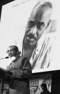 paying homage: Dr Hollis "Chalkdust" Liverpool speaks about the career of calypso icon The Mighty Duke during an October 2007 tribute in his honour hosted by the University of Trinidad and Tobago at the Central Bank Auditorium in Port of Spain. -Photo: ROBERTO CODALLO chalkdust1