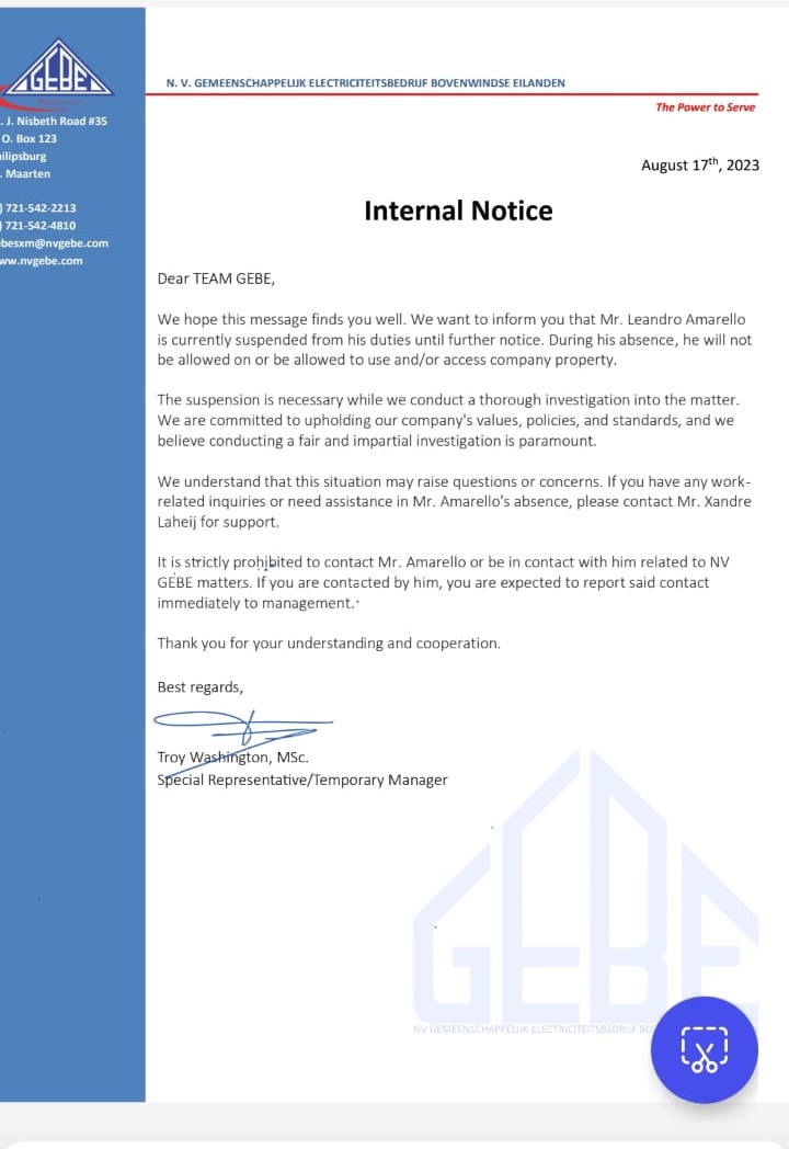 Memo sent to staff informing them of the suspension of Leandro Amarello. amarello24082023