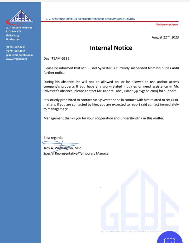 Company Memo sent to staff of NV GEBE informing them of the suspension of Russel Sylvester. ruselsylvester24082023